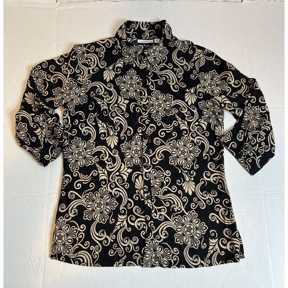 Croft & Barrow Women's Small Black Tan Floral Collared Button Front Top Blouse
